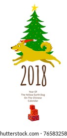 Vector illustration of funny dog, symbol of 2018 on the Chinese calendar. Drawing of dog, christmas tree, gift boxes isolated. Element for New Year's design. Image of 2018 year of Yellow Earthy Dog.