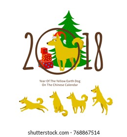 Vector illustration of funny dog, symbol of 2018 on the Chinese calendar. Drawing of dogs, christmas tree, gift boxes isolated. Element for New Year's design. Image of 2018 year of Yellow Earthy Dog.