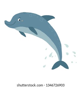 Vector illustration of a funny dolphin jumping fun. Cartoon vector hand drawn eps 10 illustration isolated on white background in a flat style