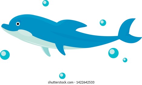 Vector illustration of a funny dolphin on a white background. Dolphin vector design. Cartoon blue dolphin jumping and diving in water on white background.