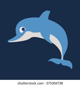 Vector illustration of funny dolphin on dark blue background