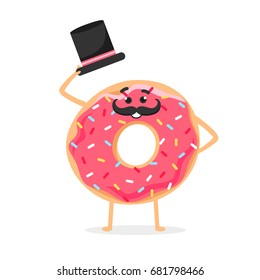 Vector illustration with funny donut. Sweet character with mustache and hat. 