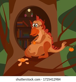 Vector illustration of a funny dragon. Cartoon cute monster Dinosaur likes to read books and eat oranges.