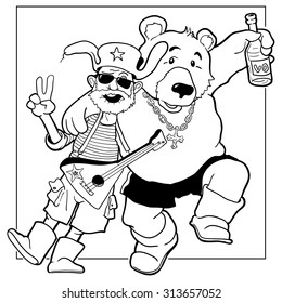 Vector Illustration: Funny Drunk Tourist with Friendly Russian Bear. Monochrome Caricature about Russian Stereotypes. Doodle Persons