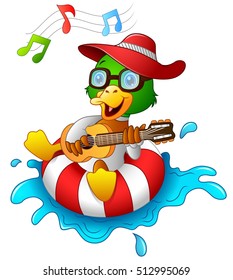 Vector illustration of Funny duck cartoon enjoying on the lifebuoy with playing guitar and singing