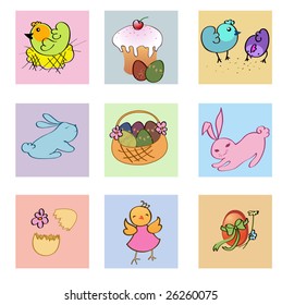Vector Illustration of funny easter icons decorated with bunny, eggs, chick and flowers.
