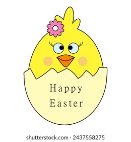 Vector illustration of a funny egg, chicken, funny face peeking out of the shell, with a flower on its head and the inscription "Happy Easter" on the shell