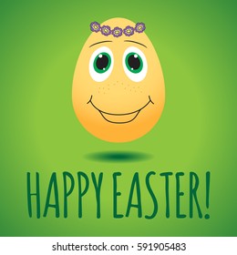 Vector illustration with funny egg on green background, dedicated to Happy Easter Day