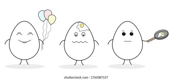 Vector illustration of funny eggs. Tasty breakfast with fried eggs. Pictures for children.