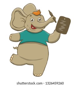 Vector illustration of a funny, funny elephant in a t-shirt, drawing on a tablet, dancing, laughing.