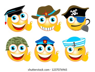 Vector illustration of funny emoticons with different hat or caps
