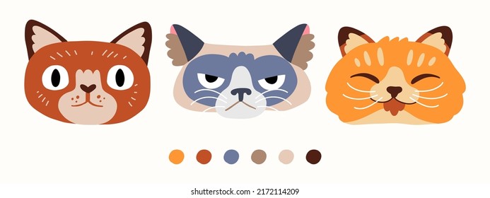 Vector illustration of funny emotional cat faces. Animal portraits for stickers, masks, icons, avatars, social media. Expressive pet characters. Cat day. Flat hand drawn cartoon vector illustration