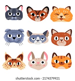 Vector illustration of funny emotional cat faces. Animal portraits for stickers, masks, icons, avatars, social media. Expressive pet characters. Cat day. Flat hand drawn cartoon vector illustration