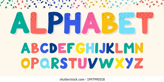 Vector illustration of a funny English alphabet lettering, letters of different colors on a beige background