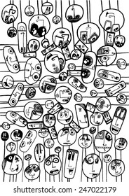 vector - illustration funny faces on sticks, big eyes, smile, people, attitudes, caricatures - pattern