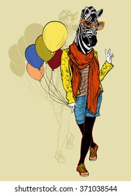 Vector illustration of Funny fashion zebra with balloons