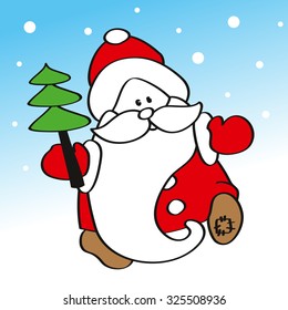 Vector illustration of funny Father Frost carrying a Christmas tree. Image for postcards and greetings.