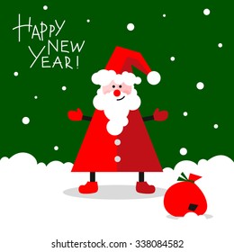 Vector illustration of funny Father Frost with bag with presents. Image for Christmas cards, greetings and decor.