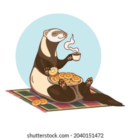 Vector illustration of a funny ferret with cookies and tea.