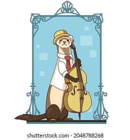 Vector illustration of a funny ferret playing the double bass.