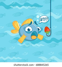 Vector illustration with funny fish and strawberry. Humor.  Fishing. 