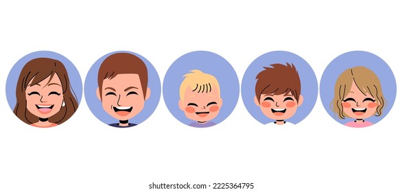 Ilustración vectorial del divertido avatar de la familia de cinco miembros. Retrato joven sonriente padres e hijos