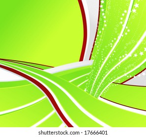 Vector illustration of funny flowing stripes with celebration stars and copy space. Green, white and red lines.