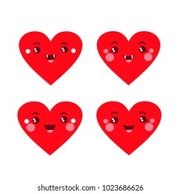 Vector illustration. Funny four hearts with funny rajitsami. Hearts - a boy and a girl are smiling and cheerful hearts are vampires with fangs.