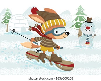Vector illustration of funny fox cartoon skiing, winter elements cartoon