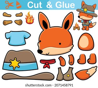 Vector illustration of funny fox cartoon in cowboy costume with bonfire. Cutout and gluing.