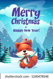 Vector illustration funny fox greeting card Merry Christmas. For web, video games, user interface, design.