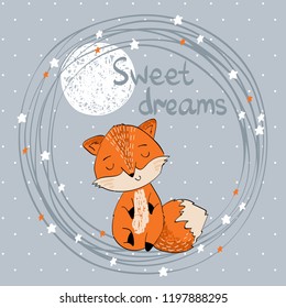 Vector illustration with funny fox and moon. Sweet dreams.