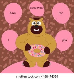 Vector illustration of funny friendly animal bear with sweet and balloons. For birthday card, print, web, decor, paper