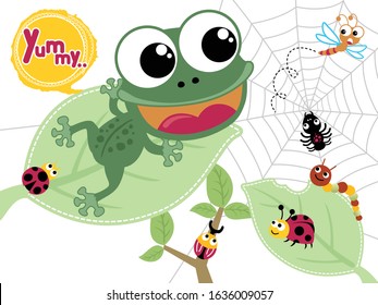 Vector illustration of funny frog cartoon with bugs on leaves