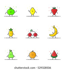 Vector illustration of funny fruit characters cartoon set in line style. Linear cute icons with face smile. Flat design diet nutrition for web and mobile app Outline vegan expression.