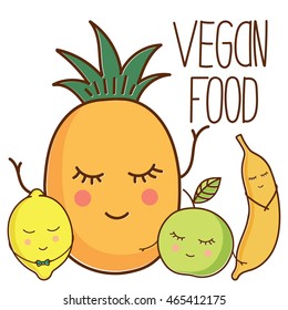 Vector illustration. Funny fruits on a white background. Vegan food. Hand Drawn doodle.