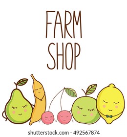 Vector illustration. Funny fruits on a white background. Farm shop. Hand Drawn doodle