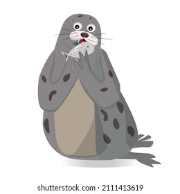 Vector illustration of funny fur seal with fish. Cartoon isolated character on white backround