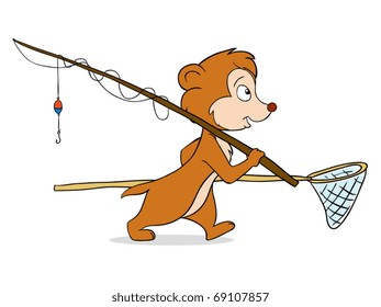 Vector illustration. Funny furry character rodent fisher with rod