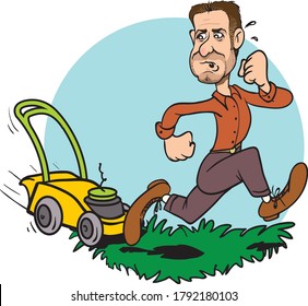 Vector illustration of a funny gardener running away from a crazy grass mower or cutter.