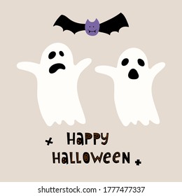 Vector illustration of funny ghosts, bats, with text Happy Halloween. Flat design style. Isolated objects. For the design of postcards, posters, invitations.