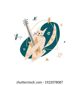 vector illustration of a funny ginger cat playing rock guitar. The cat is on his knees with his eyes closed and enjoys the music. White background with abstract geometric shapes, birds, stars