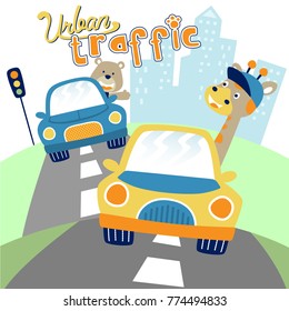 Vector illustration of funny giraffe and bear driving car in city road
