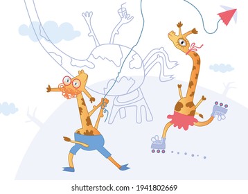 Vector illustration with funny giraffes