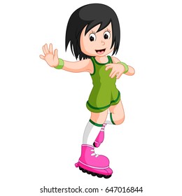 vector illustration of funny girl cartoon plying roller skates