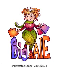 Vector illustration of funny girl with label.