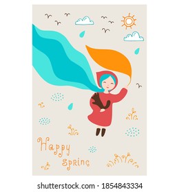 Vector illustration - funny girl on a background of forest glade. A picture on the theme of the seasons - autumn. Eps10 vector illustration.