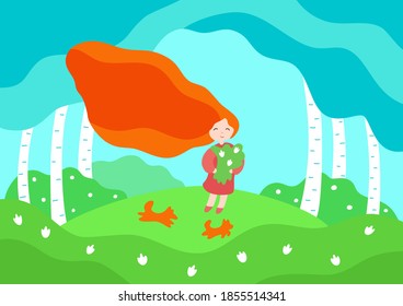 Vector illustration - funny girl on a background of forest glade. A picture on the theme of the seasons - spring. Eps10 vector illustration.