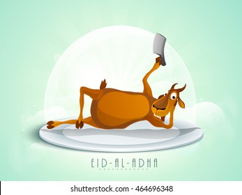 Vector illustration of funny Goat lying on stage and holding Cleaver Knife for Muslim Community, Festival of Sacrifice, Eid-Al-Adha Celebration.