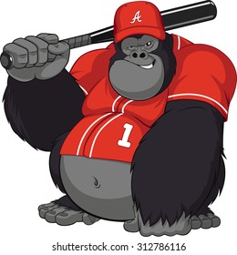 Vector illustration, funny gorilla with a baseball bat